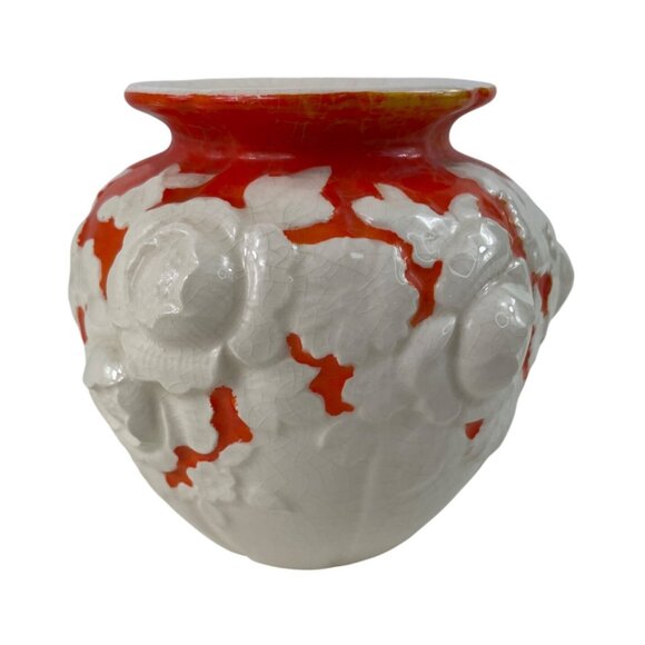 Moriyama Mori Machi Ceramic Vase White/Orange Raised Flowers - Picture 3 of 13